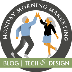 Monday morning marketing logo-circle with man and woman doing a high five
