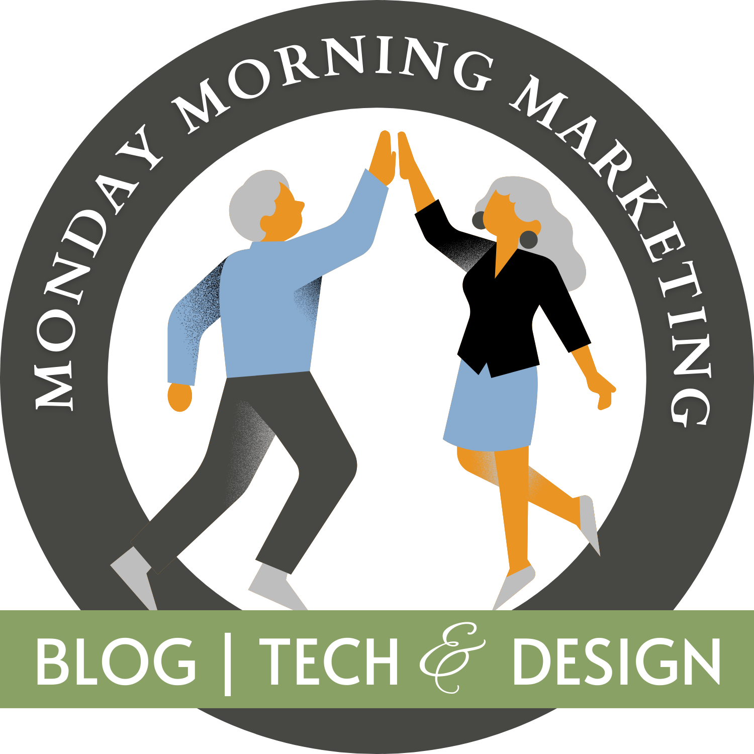 Monday morning marketing logo-circle with man and woman doing a high five